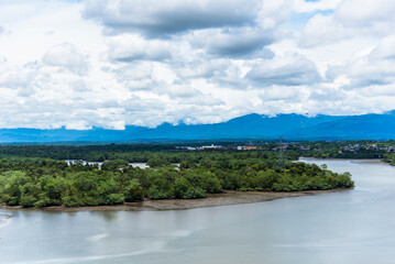 Lush green riverbanks near Buenaventura, Colombia, with dense tropical vegetation. 