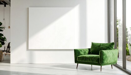 Elegant interior with blank canvas and green velvet armchair in bright sunlight