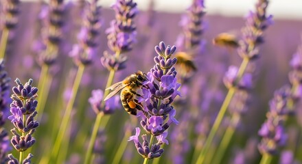 Bee pollinating lavender field.