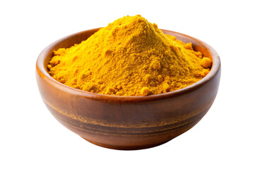 Turmeric powder heaped in wooden bowl displaying vibrant golden yellow spice powder, isolated on a transparent background