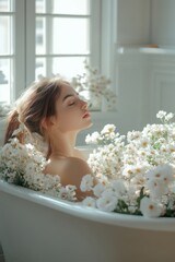 Naklejka premium Young woman relaxing, bathtub with flowers, side view, bright natural daylight, soft shadows, white walls, large window, floral concept, dreamy aesthetic, aroma, spa, treatment, wellness, vertical.