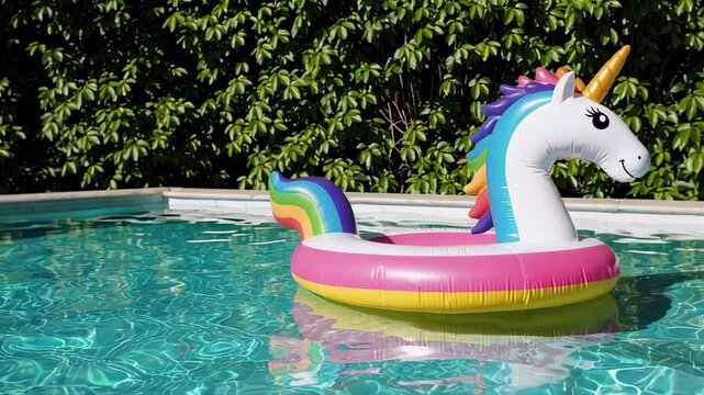 Colorful inflatable unicorn toy floating peacefully on the tranquil surface of a swimming pool, surrounded by a lush green hedge, creating a perfect summer holiday scene