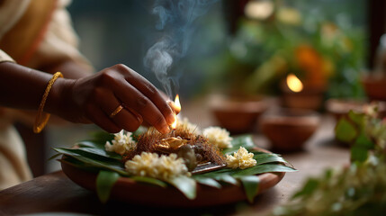 A serene Onam morning with a family performing puja for King Mahabali a small idol on a floral altar incense smoke rising and coconut offerings Onam puja Mahabali worship