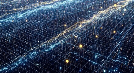 A dark digital grid shimmers with intersecting lines of light and countless glowing particles forming undulating streams and scattered bright orbs