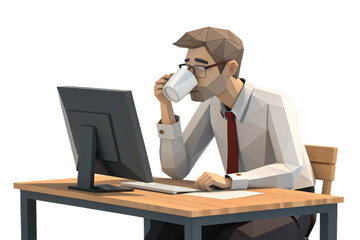 3d illustration of man drinking coffee at desk isolated on transparent background