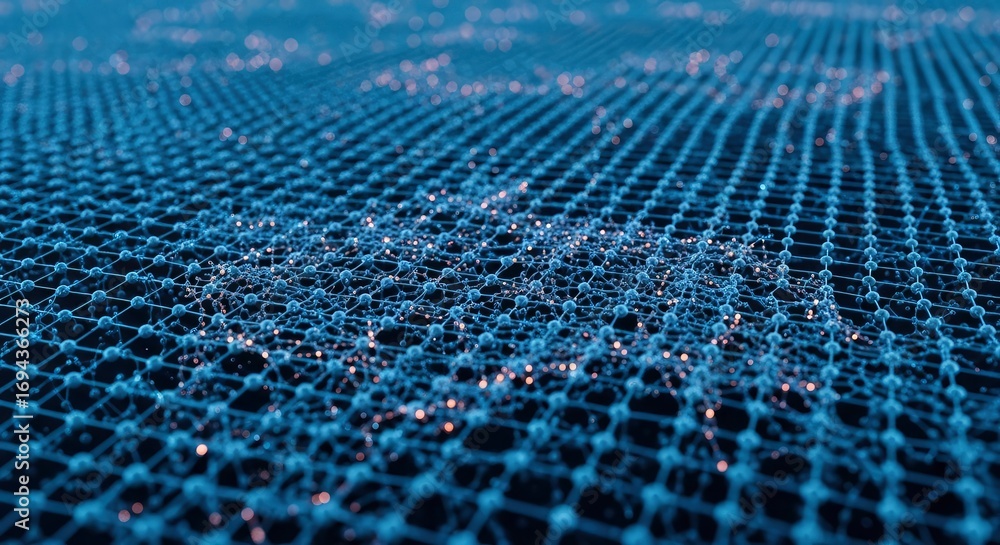 Poster a detailed close-up shows a vast blue interconnected grid structure with numerous glowing points sca