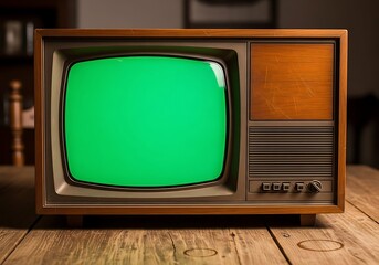 Classic wooden television set featuring a vibrant green chroma key display, ready for creative content integration and nostalgic visual projects on a rustic table