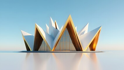 Futuristic Architectural Design with Triangular Facade on Reflective Surface