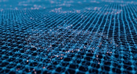 A detailed close-up shows a vast blue interconnected grid structure with numerous glowing points scattered across its surface diminishing in focus towards the background