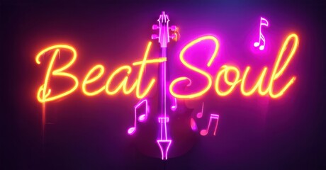 Bright neon sign displays Beat Soul. Musical notes, upright bass visible. Purple background creates vibrant atmosphere.