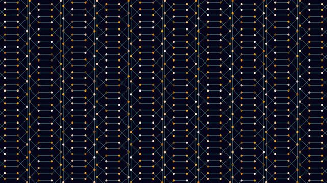 An abstract black and blue grid pattern adorned with white dots, interconnected by thin lines. The design consists of small circles arranged in a geometric formation