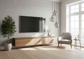 A modern living room with a wall-mounted TV, a wooden media console, a comfortable armchair, and a large window.