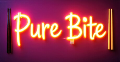 Bright neon sign displays Pure Bite text. Pink wall provides vibrant backdrop. Modern aesthetic, simple design.
