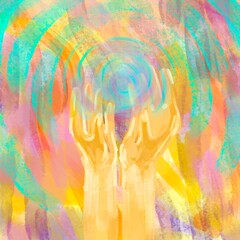 Abstract hands holding energy light with colorful aura waves