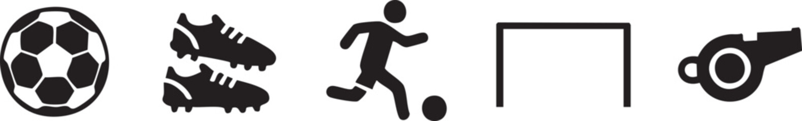 Complete Soccer Football Icon Set - Essential Elements for the Game, Player, Ball, Boots, Goal, and Whistle Vector Symbols