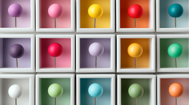 Colorful round push pins in vibrant square compartments, organized in a geometric grid layout, ideal for office supplies, stationery, or modern minimalistic design concepts - Powered by Adobe