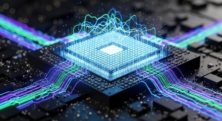 A detailed view of a glowing microchip embedded in a dark circuit board featuring intricate blue and green light pathways emanating from its core