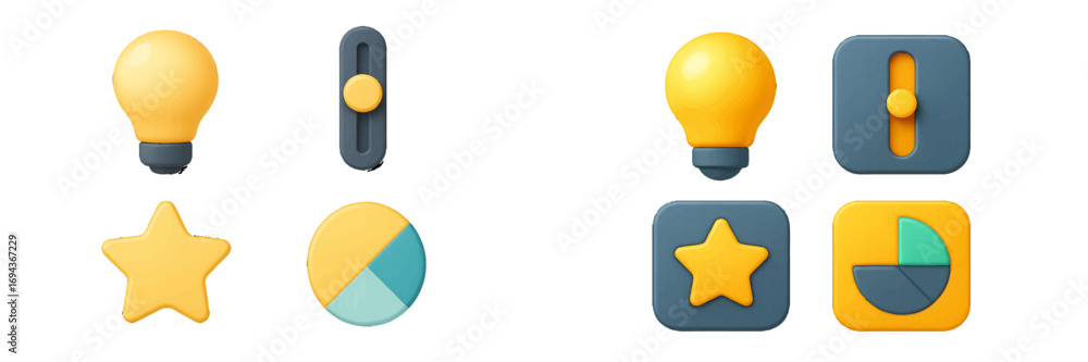 Aufkleber 3d icon set with lightbulb for idea, star for favorite, pie chart for data analytics, and slider for