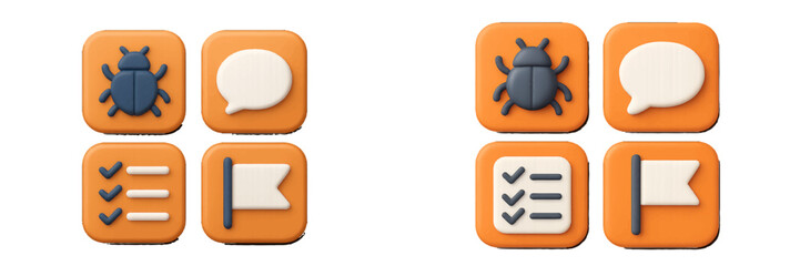3D icon set with bug report, chat message, task list, and flag symbols for user interface design on a white background