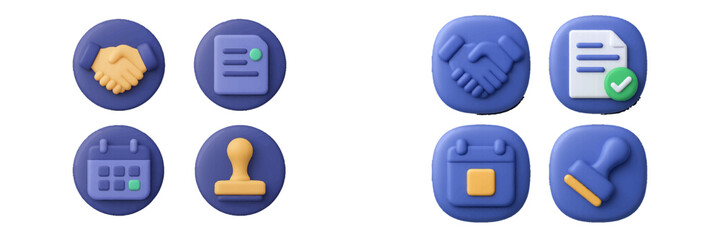 Set of 3D business icons for contract agreement and legal approval including handshake, document, calendar, and stamp symbols for UI design