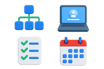 3D icon set for project management and business organization with calendar, checklist, flowchart, and user profile on laptop