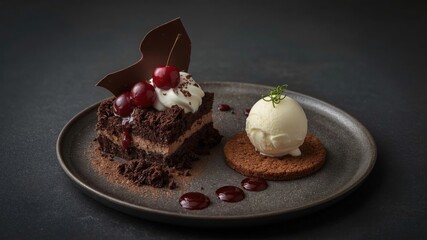 a chocolate dessert with a cup of vanilla ice cream next to it