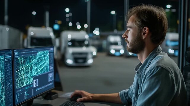 Logistics expert working late analyzing digital map on futuristic multi-screen setup, real-time traffic and GPS data in neon blue-green hues, control room with organized trucks in parking lot 