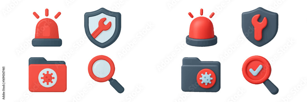 Poster cybersecurity and antivirus icon set with 3d and flat design styles for data protection and system a