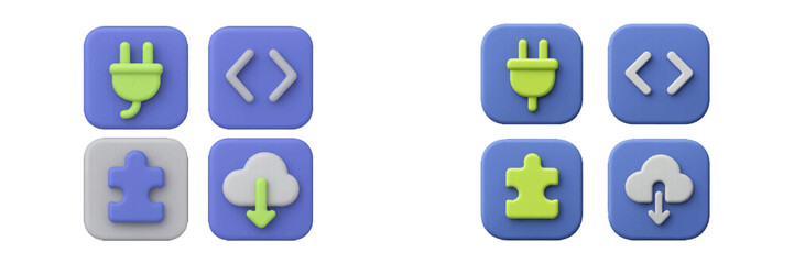 Software development and digital technology icon set featuring a power plug, coding symbol, puzzle piece, and cloud download