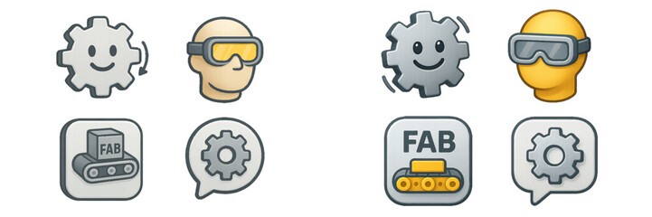 Collection of modern technology and manufacturing icons with smiling gears, virtual reality goggles, and a factory fabrication conveyor belt