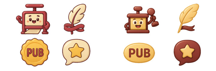 Kawaii publishing icon set with cute printing press and stamp characters, quill pen, and rating star symbols for creative projects