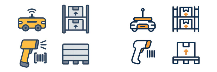 Warehouse automation and logistics icon set with AGV robot, barcode scanner, pallet, and inventory shelving