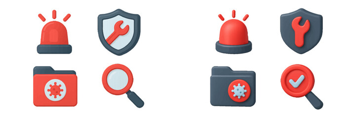 Cybersecurity and antivirus icon set with 3D and flat design styles for data protection and system alerts