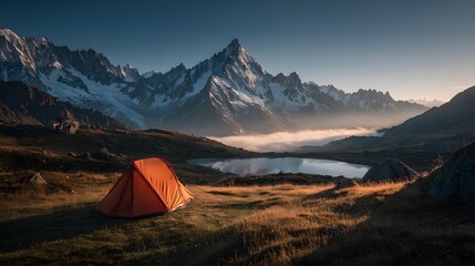 Vibrant orange tent is in a lush meadow by a serene alpine lake. Majestic snow-capped peaks are seen under a warm golden sunrise with mist.