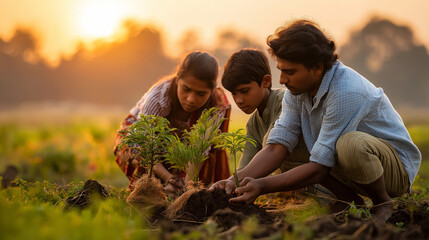 An eco friendly Onam with a sustainable pookalam made from recycled materials families planting saplings nearby green fields under a golden sunrise eco Onam sustainable