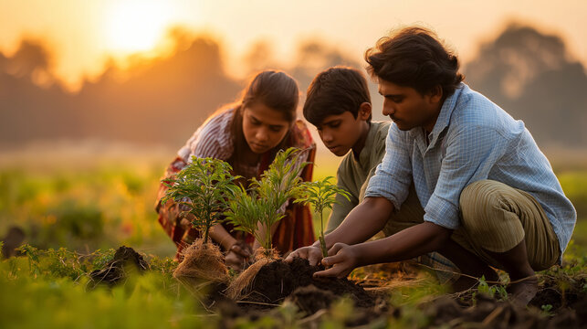 An eco friendly Onam with a sustainable pookalam made from recycled materials families planting saplings nearby green fields under a golden sunrise eco Onam sustainable