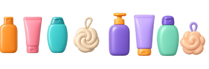 Colorful cosmetic product containers, bottles, tubes, and dispensers with bath sponges for skincare and body wash