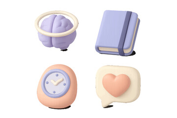 Set of 3D icons representing mental health, knowledge, time management, and social media engagement with a brain, notebook, clock, and heart symbol