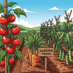 Fresh Garden Vegetables with Rural Scene.