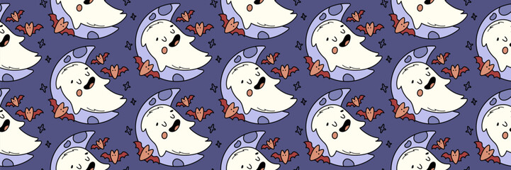Seamless pattern with cute ghost, moon and bat, great for Halloween designs or kids decor.