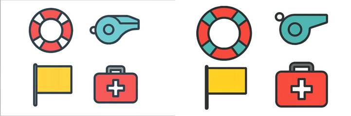 Lifeguard equipment with lifebuoy, whistle, first aid kit, and safety flag for water rescue and emergency situations