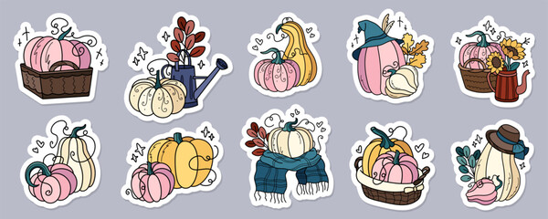 Obraz premium Warm and cozy autumn pumpkin sticker pack, ideal for seasonal decor, greeting cards, or planners.