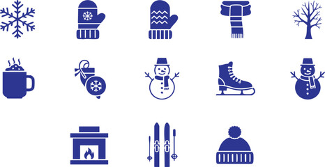 Vector Blue Winter Theme Flat Icons Collection: Cozy Holidays, Snow Activities & Cold Weather Essentials