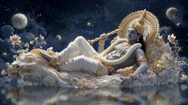 Vishnu rests peacefully on a lion, surrounded by heavenly elements and soft lotus blossoms during Diwali celebrations.