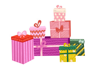 Pink and green Christmas box in stack. Hand drawn gift pile with hand drawn texture for xmas design. Present gift coquette style