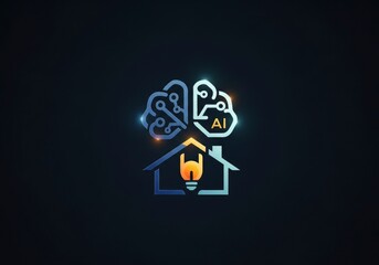 A digital illustration of a stylized brain with circuit patterns and AI text above a house icon with a glowing lightbulb on a dark background