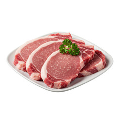 Fototapeta premium Multiple thick-cut raw pork shoulder steaks with ruby red color, white marbling, garnished parsley on white plate, transparent background, studio lighting. Concept for culinary advertising