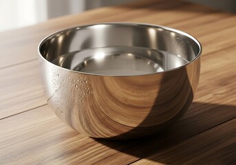 Steel bowl water wood table sunlight.