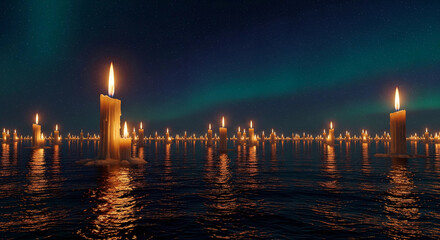 Countless illuminated candles float on the water's surface at night, with a crescent moon in the sky. The scene reflects a sense of peace, remembrance, and sacred ritual.