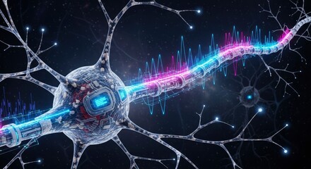 A digital neuron featuring glowing blue and magenta data signals flowing along its axon with intricate tech components embedded in its cell body and dendrites